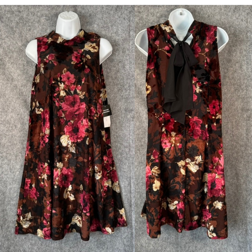 Crushed Velvet‎ Floral Sleeveless Shift Dress Mock Neck Boho Romantic Sz Medium